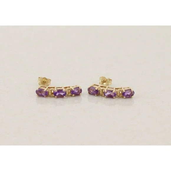 10k Yellow Gold Natural Amethyst Earrings Half Hoop - Picture 3 of 8